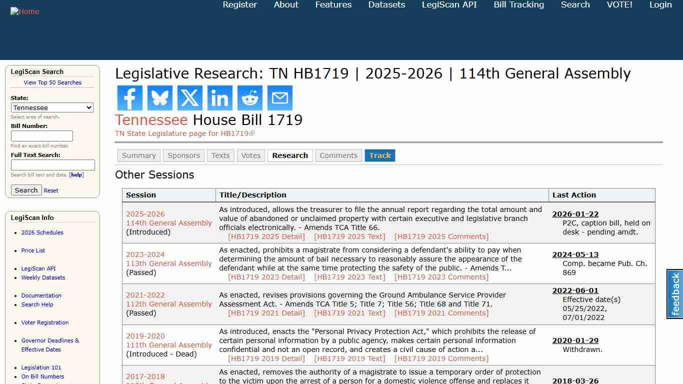 Legislative Research: TN HB1719 2025-2026 114th General Assembly LegiScan